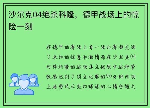 沙尔克04绝杀科隆，德甲战场上的惊险一刻